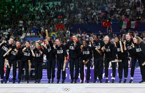 Team Italy celebrates winning gold at the end of women's gold medal volleyball match on day 16 of the Paris Olympics at Paris Arena on August 11