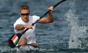 Hungary's Balint Kopasz competes in the men's kayak single 1000m heats canoe sprint competition