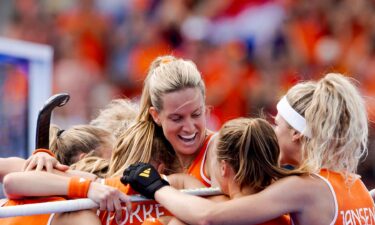 Laura Nunnink of the Netherlands celebrating 2-0 during the women's field hockey semifinals match between the Netherlands and Argentina at Yves du Manoir Stadium on August 7