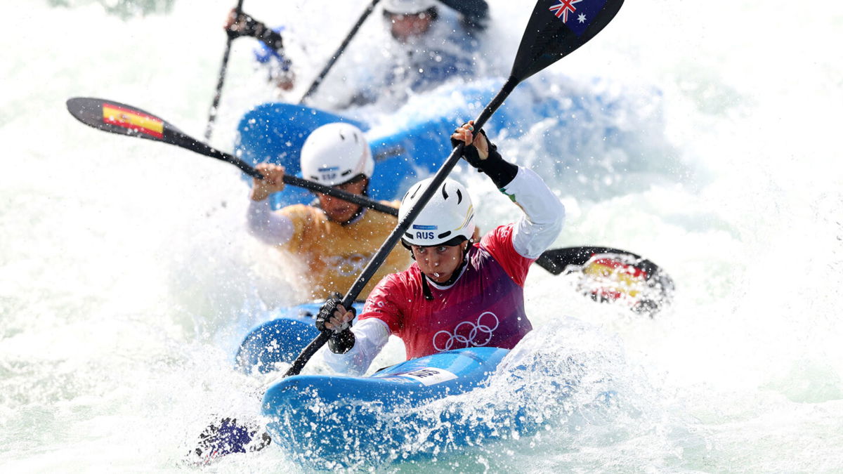 Noemie Fox of Team Australia competes during the Canoe Slalom Women's Kayak Cross Heats on day nine of the Olympic Games Paris 2024 at Vaires-Sur-Marne Nautical Stadium