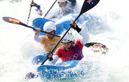 Noemie Fox of Team Australia competes during the Canoe Slalom Women's Kayak Cross Heats on day nine of the Olympic Games Paris 2024 at Vaires-Sur-Marne Nautical Stadium