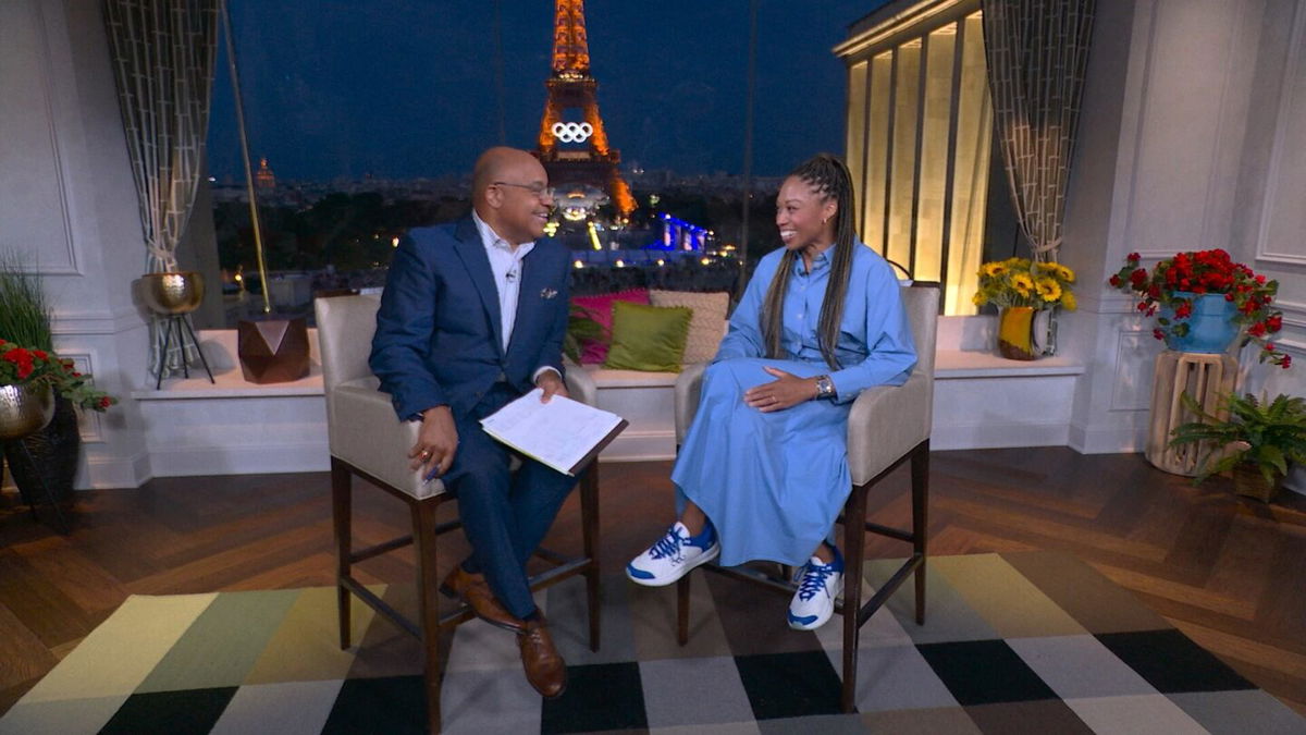 Allyson Felix and Mike Tirico at the 2024 Paris Olympic Games