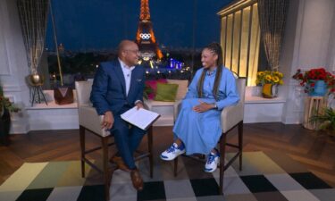 Allyson Felix and Mike Tirico at the 2024 Paris Olympic Games