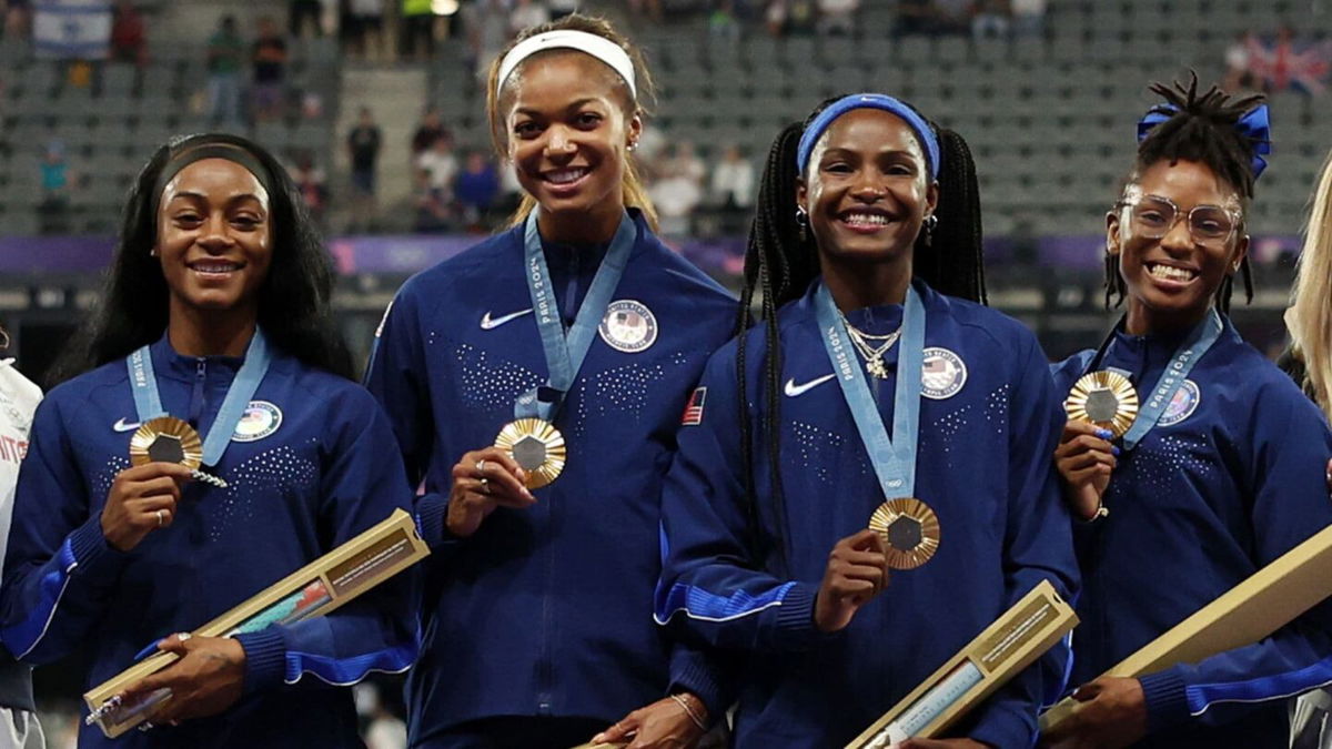 Team USA women's 4x100m medal ceremony at 2024 Paris Olympics