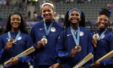 Team USA women's 4x100m medal ceremony at 2024 Paris Olympics