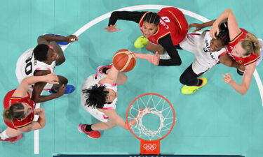 Satou Sabally jumps for a rebound vs. Japan