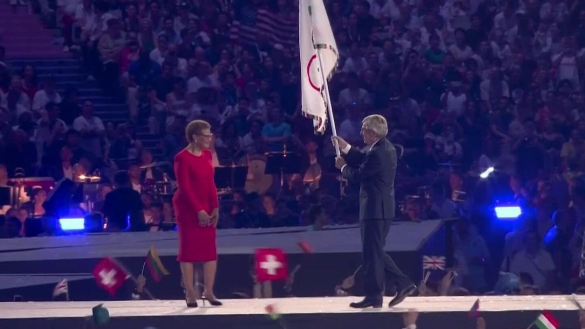 2024 Olympic flag handoff from Paris to Los Angeles