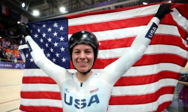 Valente celebrates winning gold in the omnium