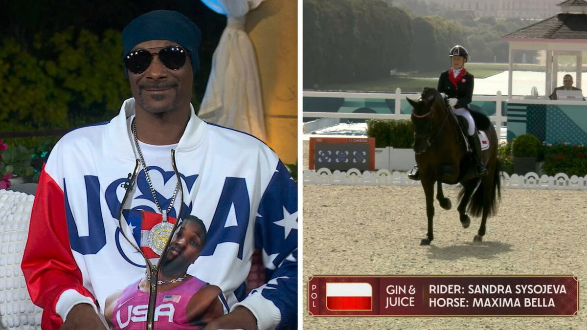 Splitscreen Snoop Dogg and equestrian rider.