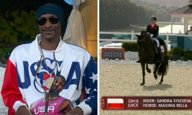 Splitscreen Snoop Dogg and equestrian rider.