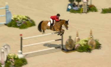 Equestrian rider jumps obstacle