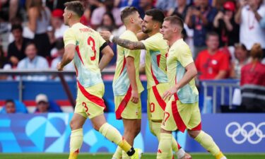 Spain players celebrate after scoring a goal