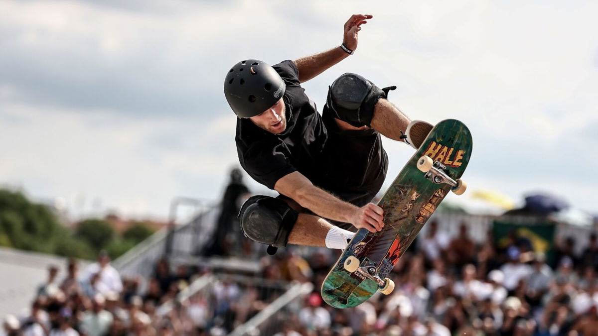 Tom Schaar of the U.S. competes during the men's skateboarding park final at the Olympic Qualifier Series on June 23