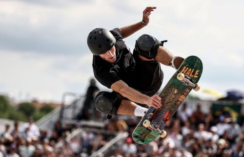 Tom Schaar of the U.S. competes during the men's skateboarding park final at the Olympic Qualifier Series on June 23