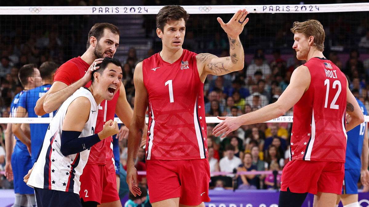 Matthew Anderson of the United States reacts with teammates during a Men's Bronze Medal Match between Italy and the United States