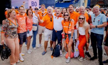 Netherlands women's field hockey coach Paul van Ass with his family during the  Paris Olympics match between the Netherlands and Argentina at the Stade Olympique Yves du Manoir on August 7