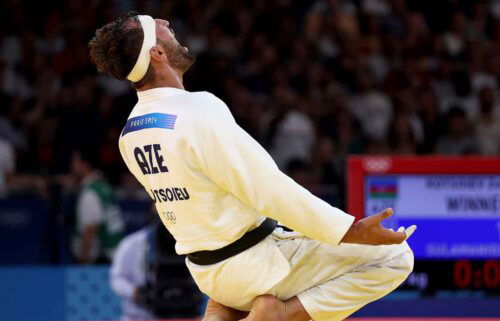 Zelym Kotsoiev of Team Azerbaijan celebrates after winning against Ilia Sulamanidze of Team Georgia during the Judo Men -100 kg Final on day six of the Olympic Games Paris 2024 at Champs-de-Mars Arena on August 01