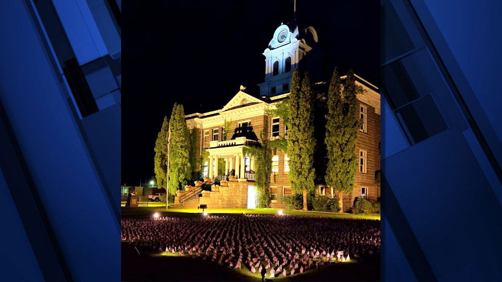 Placed in front of the Crook County Courthouse in Prineville: 2,977 flags representing the lives lost in the tragic events of 9/11.