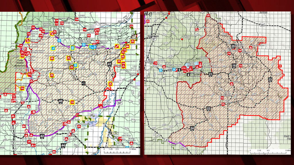 Deschutes National Forest on Thursday expanded closure areas around the Bachelor Complex, Flat Top and Firestone fires (larger maps below)