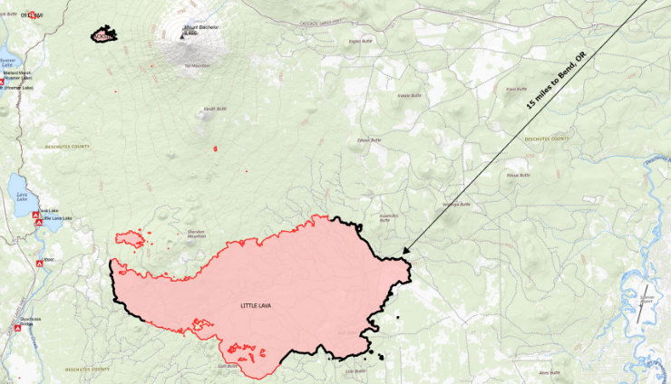 Sunday's map of the Little Lava/Bachelor Complex fires