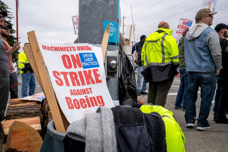 Picket signs outside the Boeing factory in Everett, Washington, on the first day of the strike against the aircraft maker.