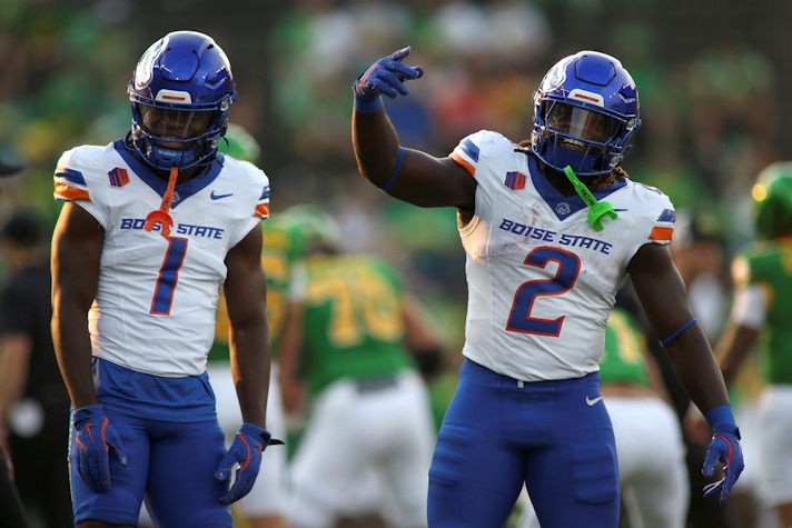 Boise State running backs Jambres Dubar (1) and Jeanty (2) dance during warmups before an NCAA college football game against Oregon, Saturday, Sept. 7, 2024, at Autzen Stadium in Eugene.