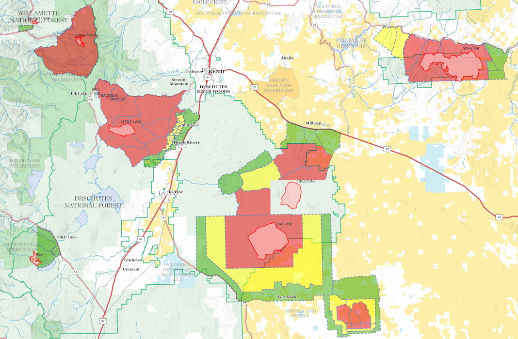 General wildfire map issued Wednesday included the Bachelor Complex, Firestone, Flat Top, Linton Creek and Wiley Flat blazes