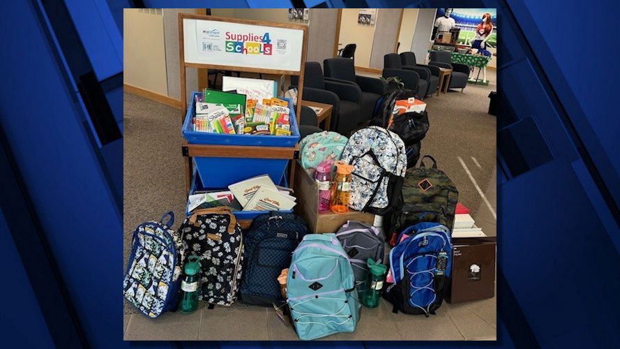 The collection bins at Mid Oregon’s Olney branch brimmed with supplies and new backpacks donated by generous members during the August Supplies 4 Schools supply drive.