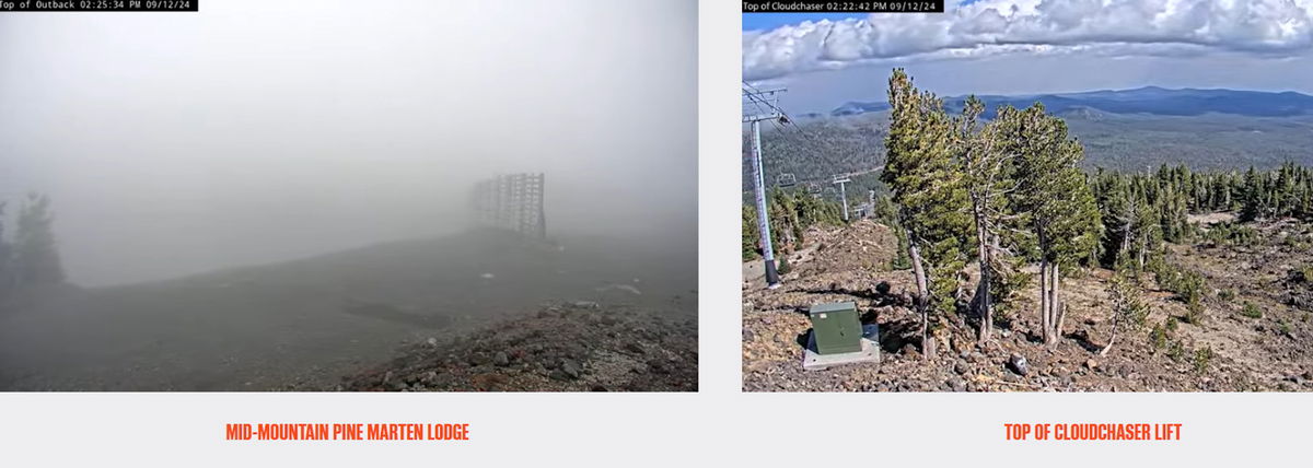 A contrast Thursday in clear view from top of Cloudchaser Lift (R) and socked-in at mid-mountain (L)