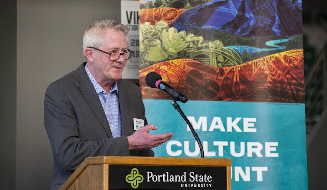 Oregon Cultural Trust Executive Director Brian Rogers talks about the Cultural Tax Credit at a PSU event to unveil a new Celebrate Oregon! mural.