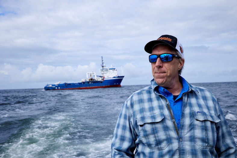 Burke Hales, chief scientist for the PacWave wave energy test site overseen by Oregon State University, looks on by the vessel Nautilus that helped bury the subsea cables that run along the ocean floor to connect the wave energy test site to facilities on land, near Newport on Friday, Aug. 23, 2024. 