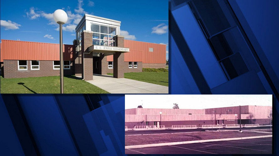 R.E. Jewell Elementary School in SE Bend as it appears today and when it opened in 1974.