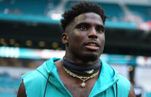 Tyreek Hill looks on prior to the Miami Dolphins' preseason game against the Atlanta Falcons at Hard Rock Stadium on August 9.