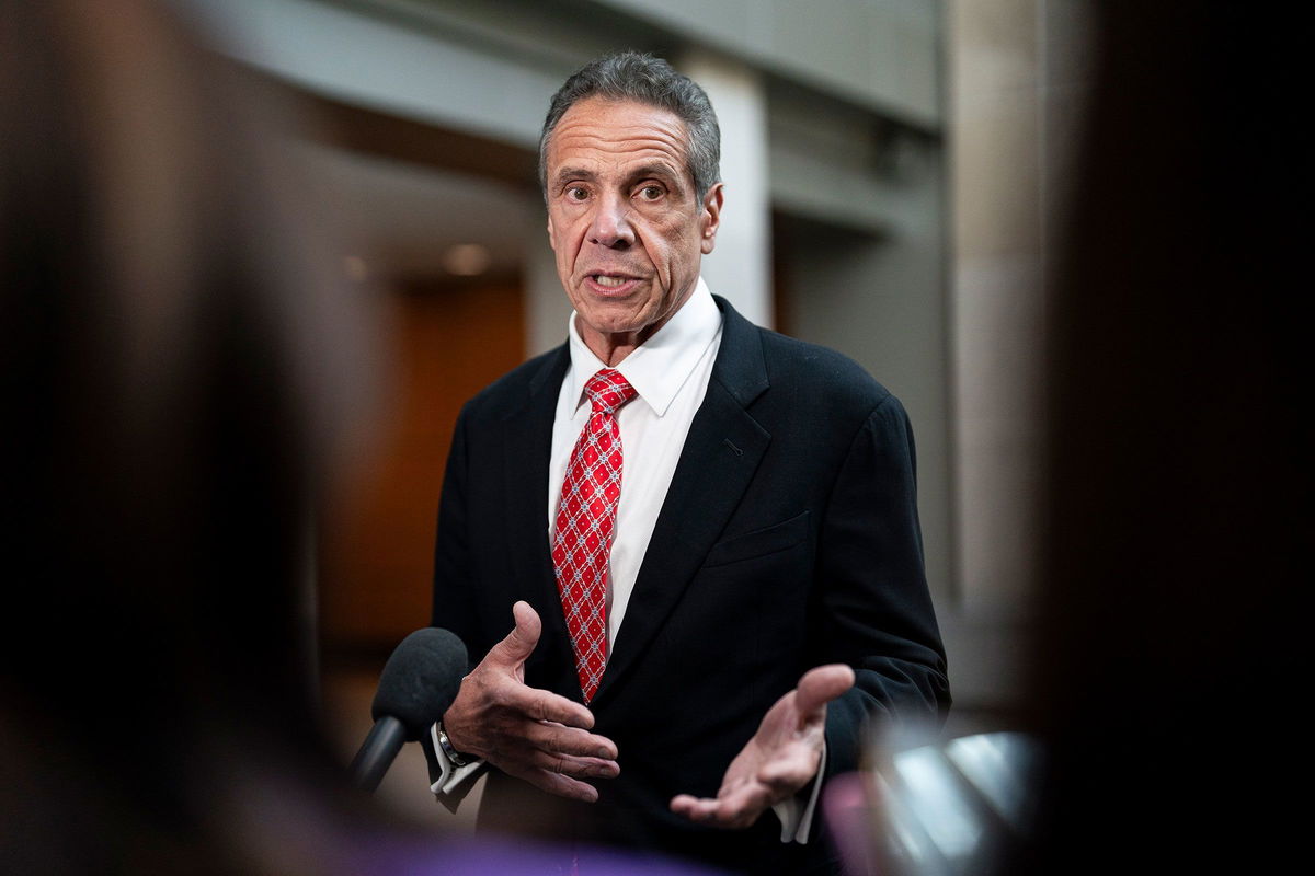 <i>Al Drago/Getty Images via CNN Newsource</i><br/>Former Gov. Andrew Cuomo speaks to reporters following a closed-door interview with the House Oversight and Accountability Subcommittee on Coronavirus Pandemic on Capitol Hill