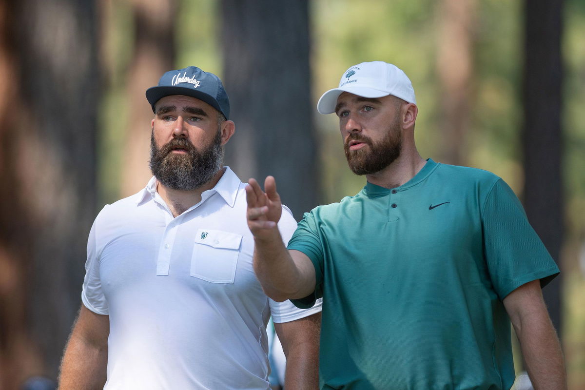 <i>David Calvert/Getty Images via CNN Newsource</i><br/>(From left) Jason Kelce and Travis Kelce at the ACC Celebrity Golf Championship in Nevada in July.