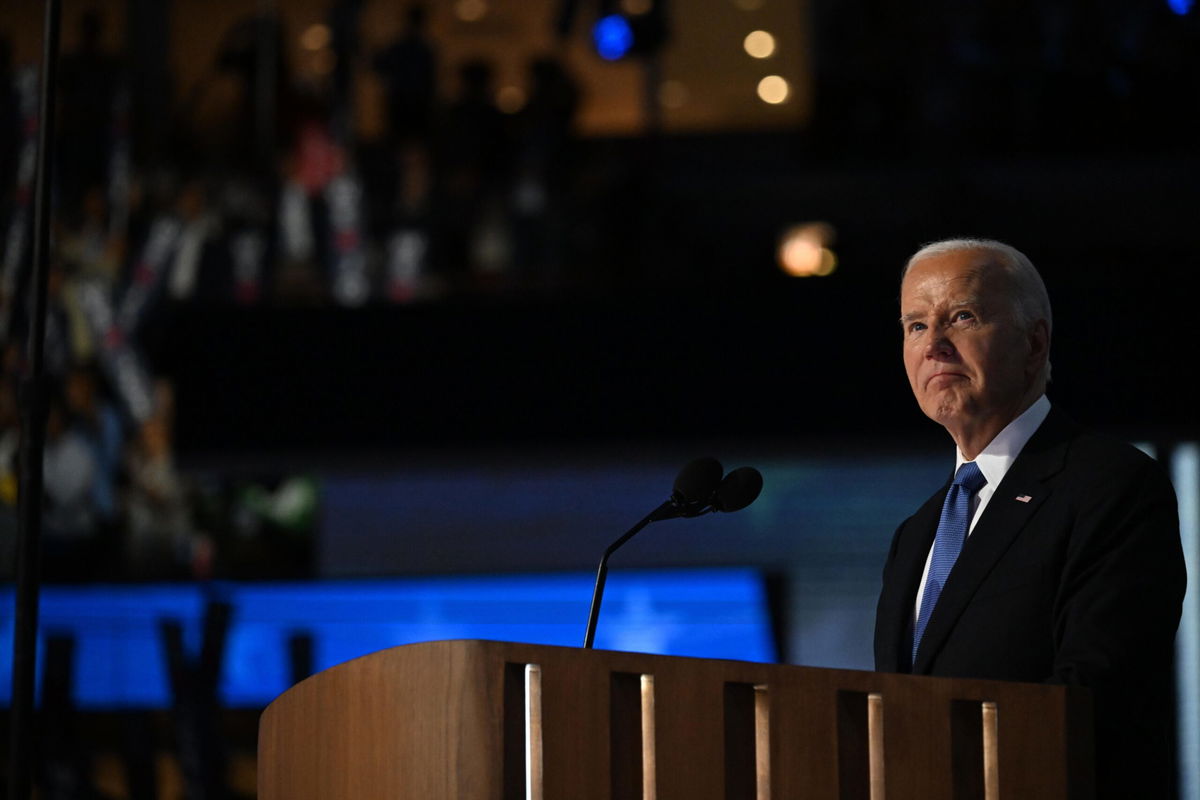 <i>Rebecca Wright/CNN via CNN Newsource</i><br/>President Joe Biden speaks at the Democratic National Convention in Chicago on August 19.