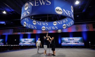 ABC News signage is installed inside the Pennsylvania Convention Center ahead of the September 10 presidential debate in Philadelphia.