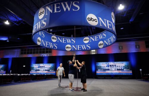 ABC News signage is installed inside the Pennsylvania Convention Center ahead of the September 10 presidential debate in Philadelphia.