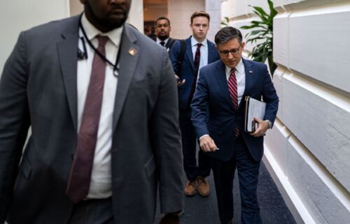 House Speaker Mike Johnson arrives for a House Republican Conference meeting at the US Capitol on September 10 in Washington