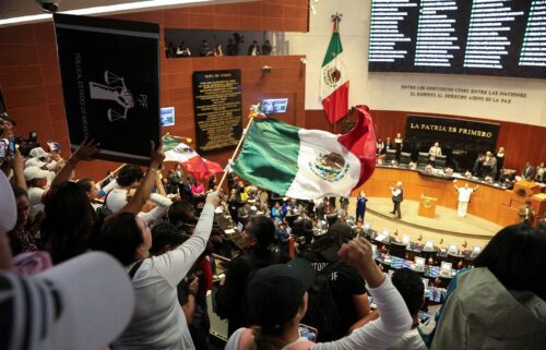 Demonstrators wave Mexican flags after entering the Senate building in Mexico City on September 10.