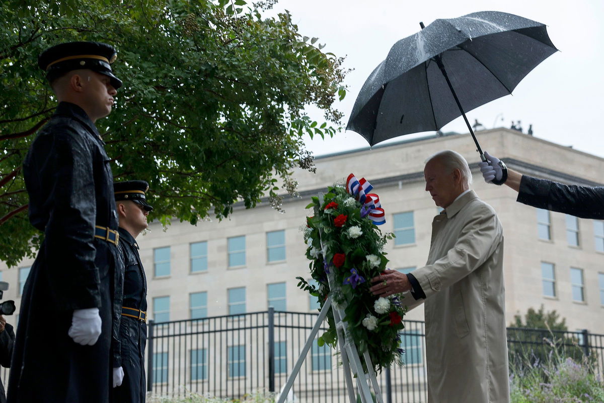 <i>Anna Moneymaker/Getty Images via CNN Newsource</i><br/>President Joe Biden participates in a wreath-laying ceremony commemorating the 21st anniversary of the crash of American Airlines Flight 77 into the Pentagon during the September 11th terrorist attacks at the National 9/11 Pentagon Memorial on September 11