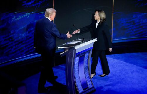 Vice President Kamala Harris and former President Donald Trump shake hands before their presidential debate in Philadelphia on September 10