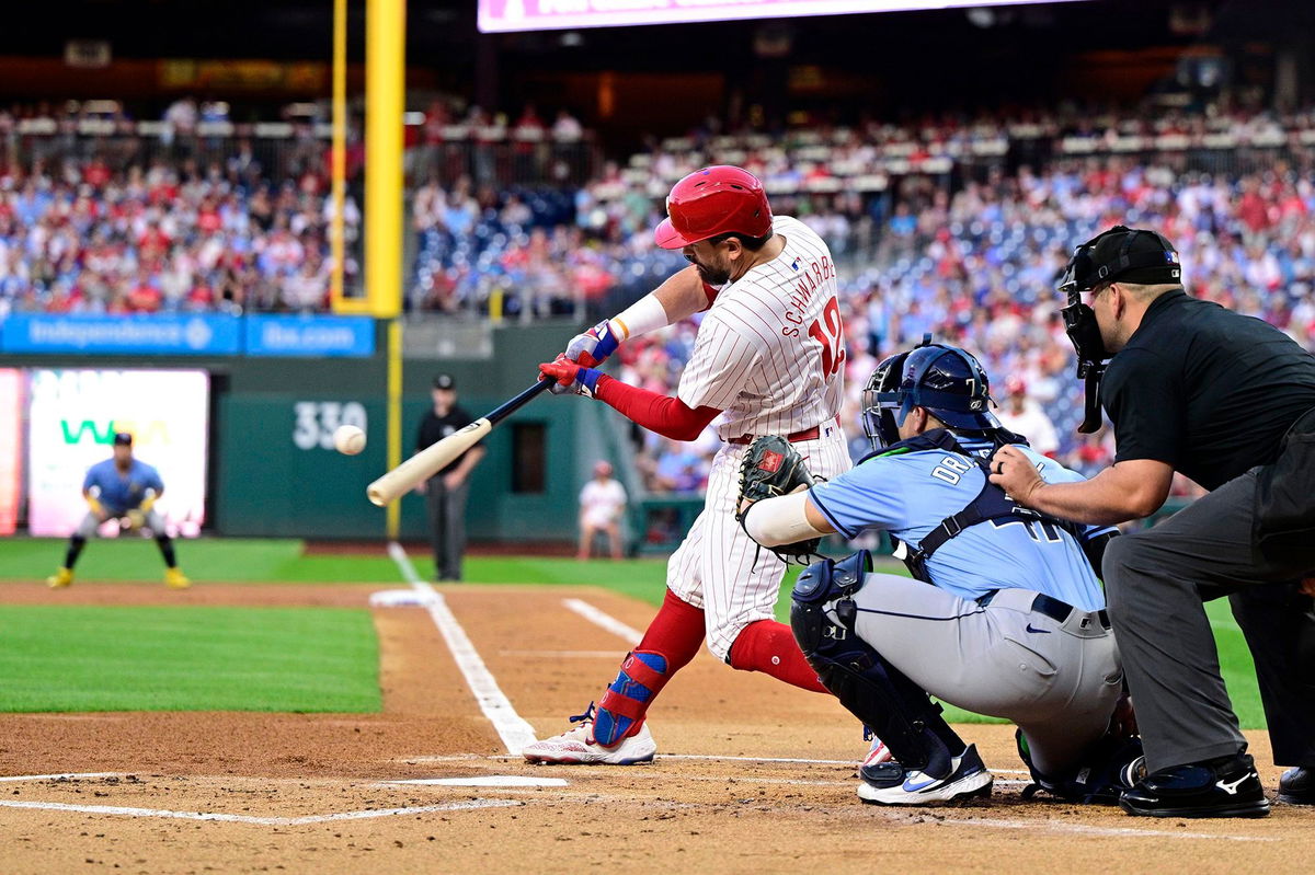 <i>Derik Hamilton/AP via CNN Newsource</i><br/>Schwarber hits a solo home run off Tampa Bay Rays' Taj Bradley in the first inning.