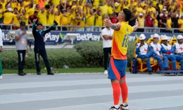 Rodríguez celebrates giving Colombia a 2-1 lead against Argentina.