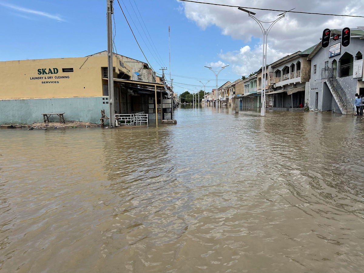 <i>Ahmed Kingimi/Reuters via CNN Newsource</i><br/>A flooded street in Maiduguri on Tuesday