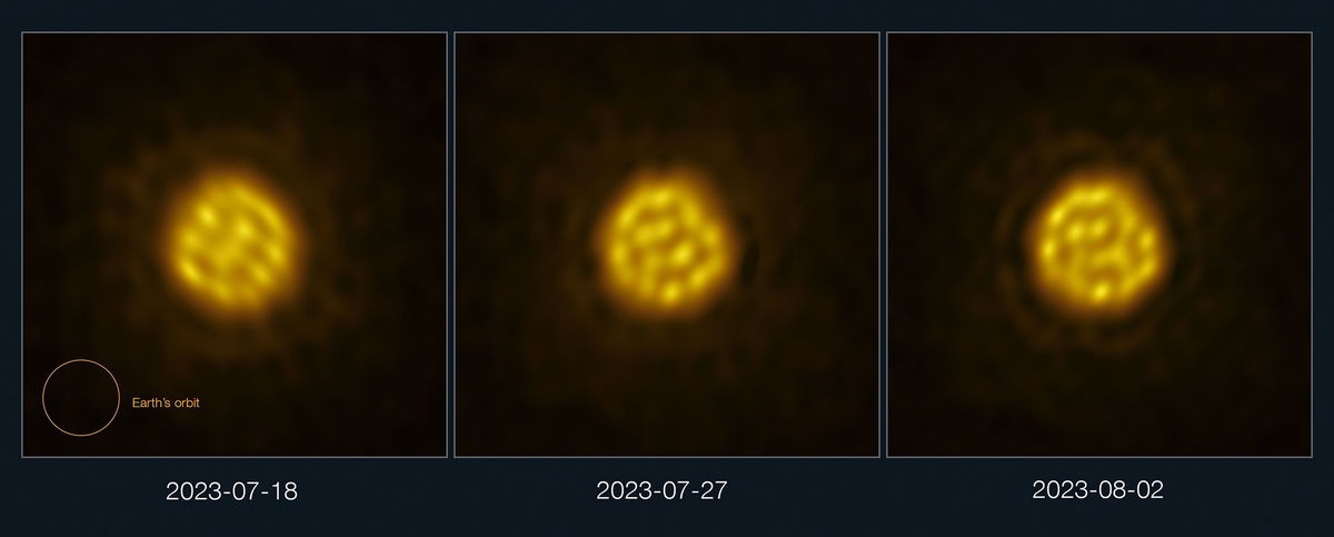 <i>ALMA (ESO/NAOJ/NRAO)/W. Vlemmings et al. via CNN Newsource</i><br/>Astronomers have captured a sequence of images of a nearby star that track the motion of bubbling gas on its surface.