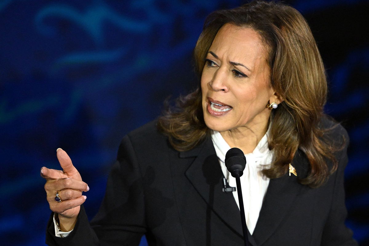 <i>Saul Loeb/AFP/Getty Images via CNN Newsource</i><br/>Vice President Kamala Harris speaks during the presidential debate at the National Constitution Center in Philadelphia on September 10.