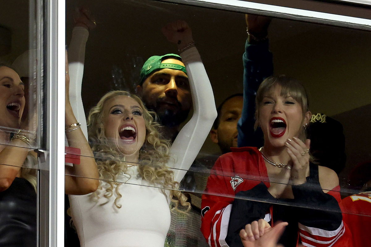 <i>Jamie Squire/Getty Images/File via CNN Newsource</i><br/>Brittany Mahomes and Taylor Swift celebrate a Kansas City Chiefs touchdown on October 12