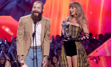 Post Malone and Taylor Swift accept the Best Collaboration award for "Fortnight" on stage during the 2024 MTV Video Music Awards at UBS Arena on September 11 in Elmont