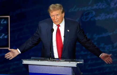 Republican presidential nominee former President Donald Trump speaks during a presidential debate with Democratic presidential nominee Vice President Kamala Harris at the National Constitution Center